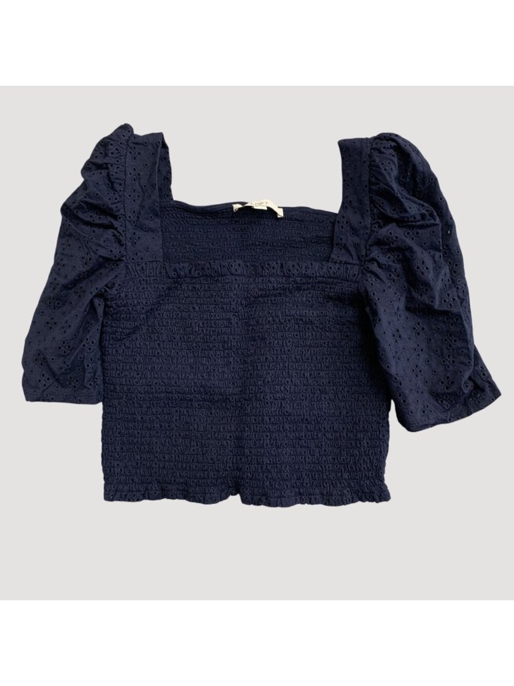 Loft Women's M Navy Eyelet Puff Sleeve Smocked Crop Top P0355